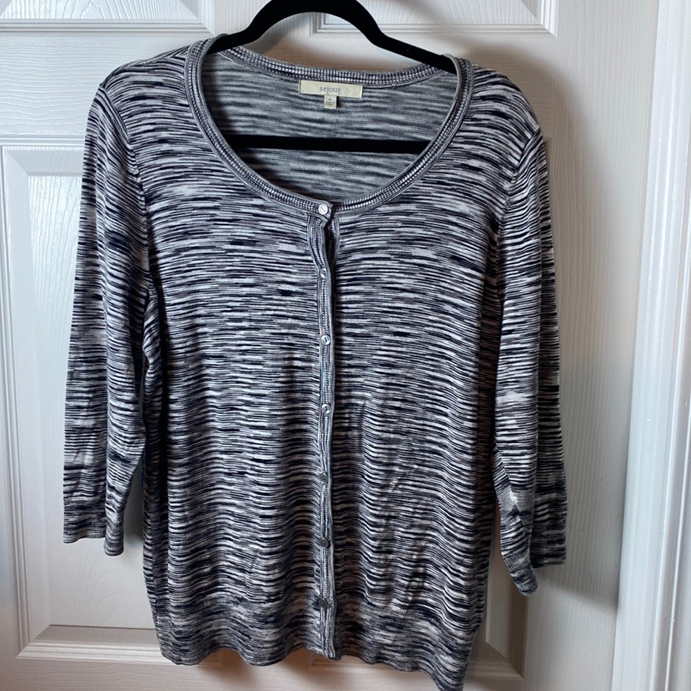 Sejour Striped Crewneck Button Up Cardigan Sweater White Blue Black Size 1X